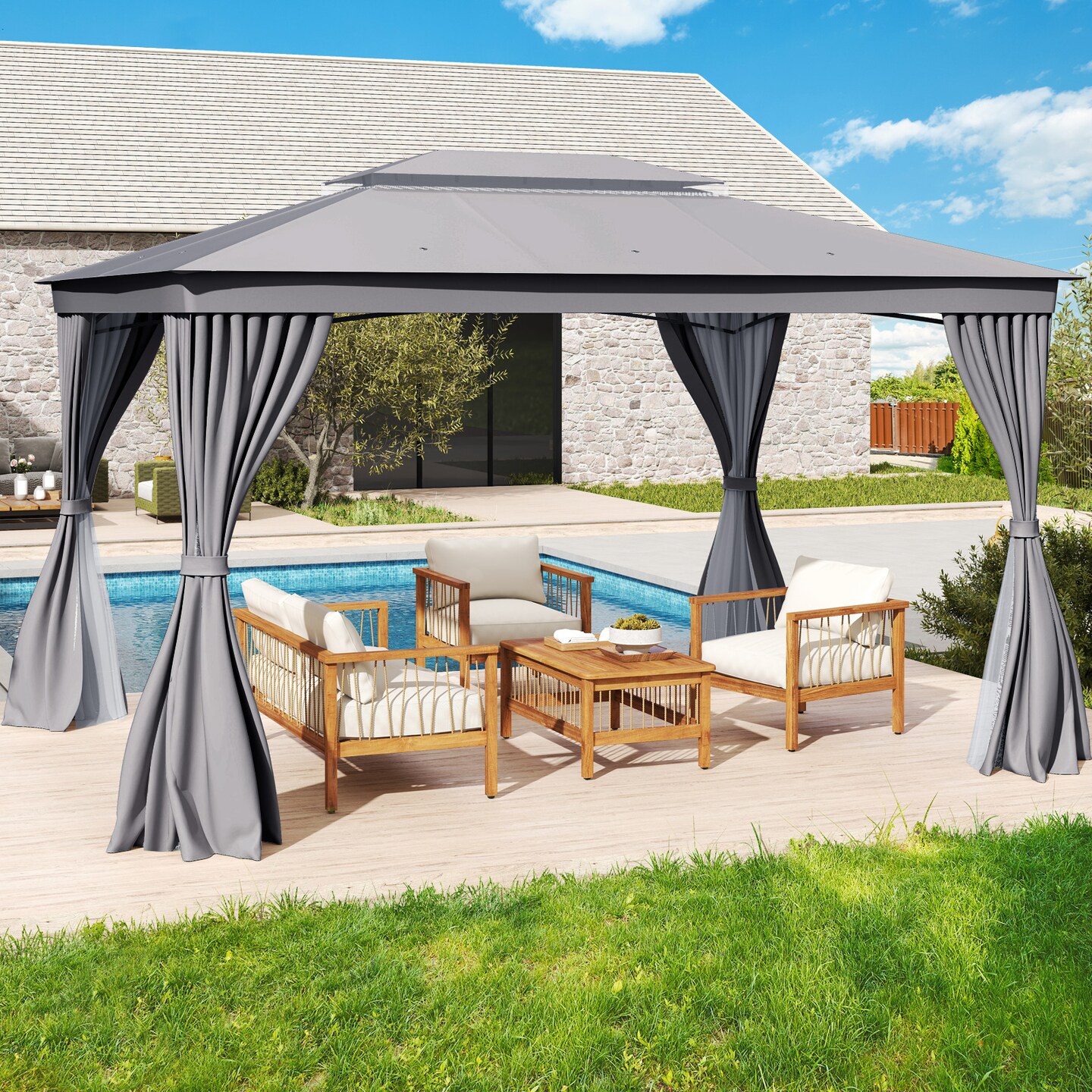 10 x 13 Feet Patio Gazebo Double-Roof with Mesh Netting and Privacy Curtains-Gray