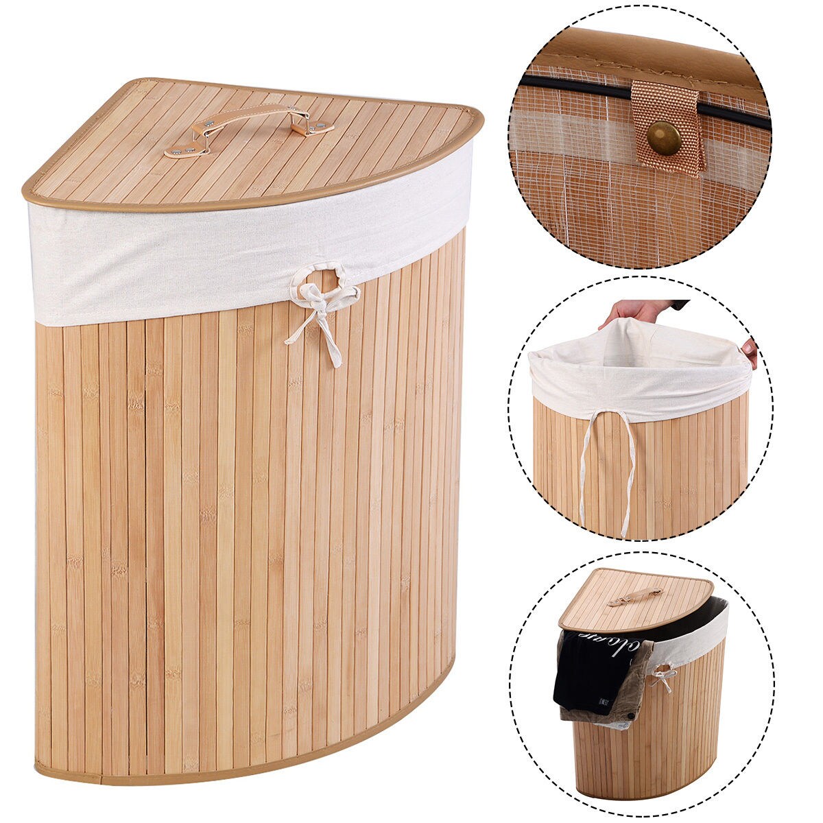 Corner Laundry Hamper Basket with Lid Removable Liner Wicker Black