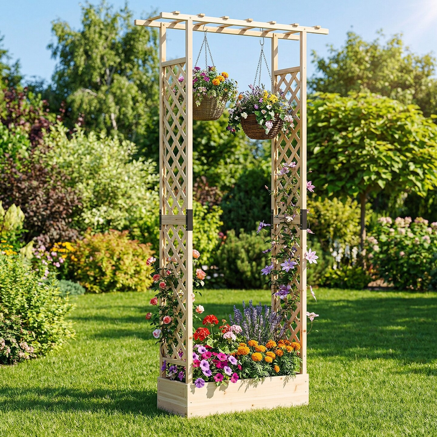 89" Elevated Wooden Garden Planter with Trellis, Hanging Canopy, and Drainage