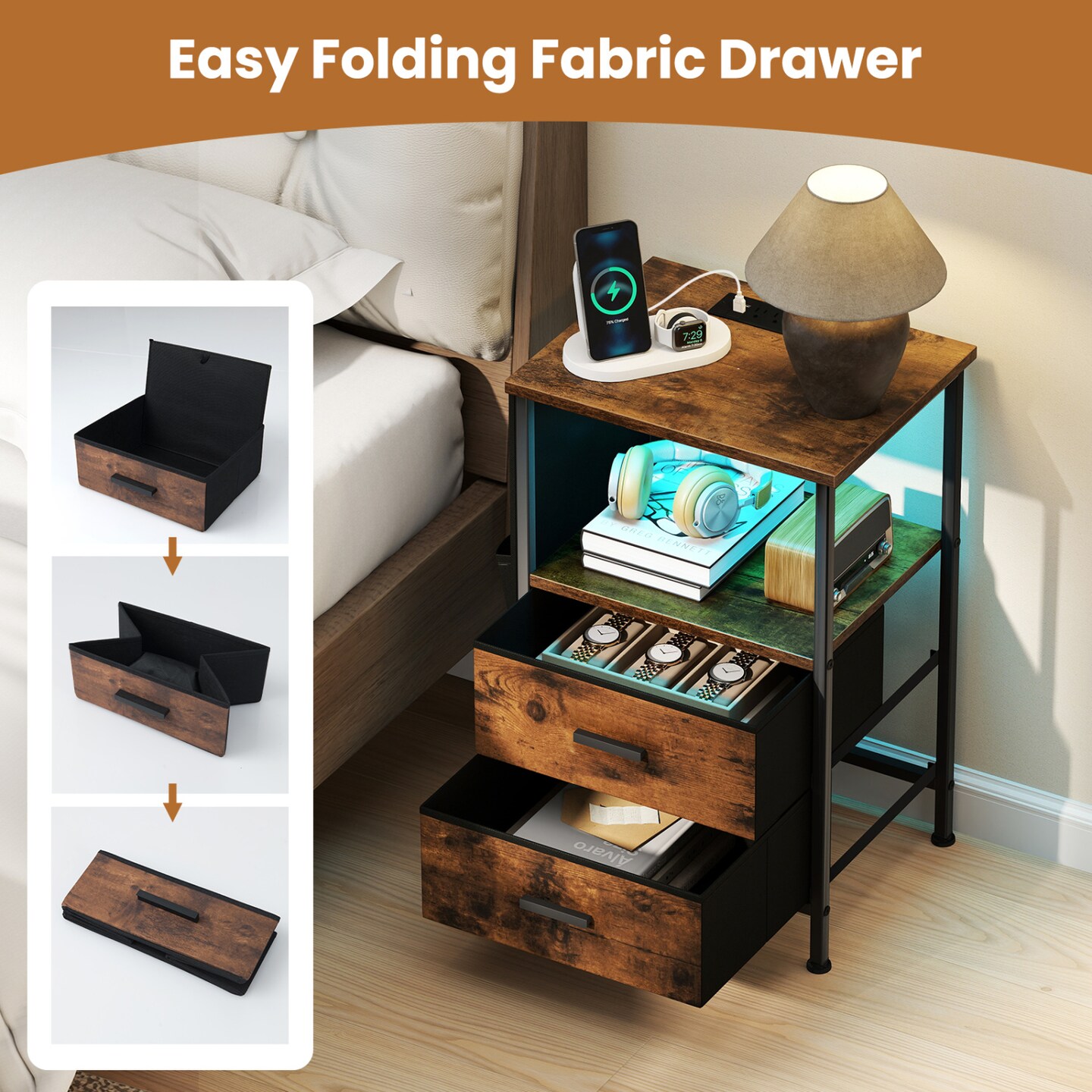 Nightstand with Charging Port End Table with Fabric Storage Drawers