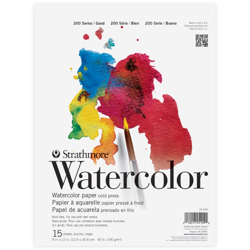 200 Series Watercolor Pad, Tape Binding, 15 Sheets, 9x12 inch