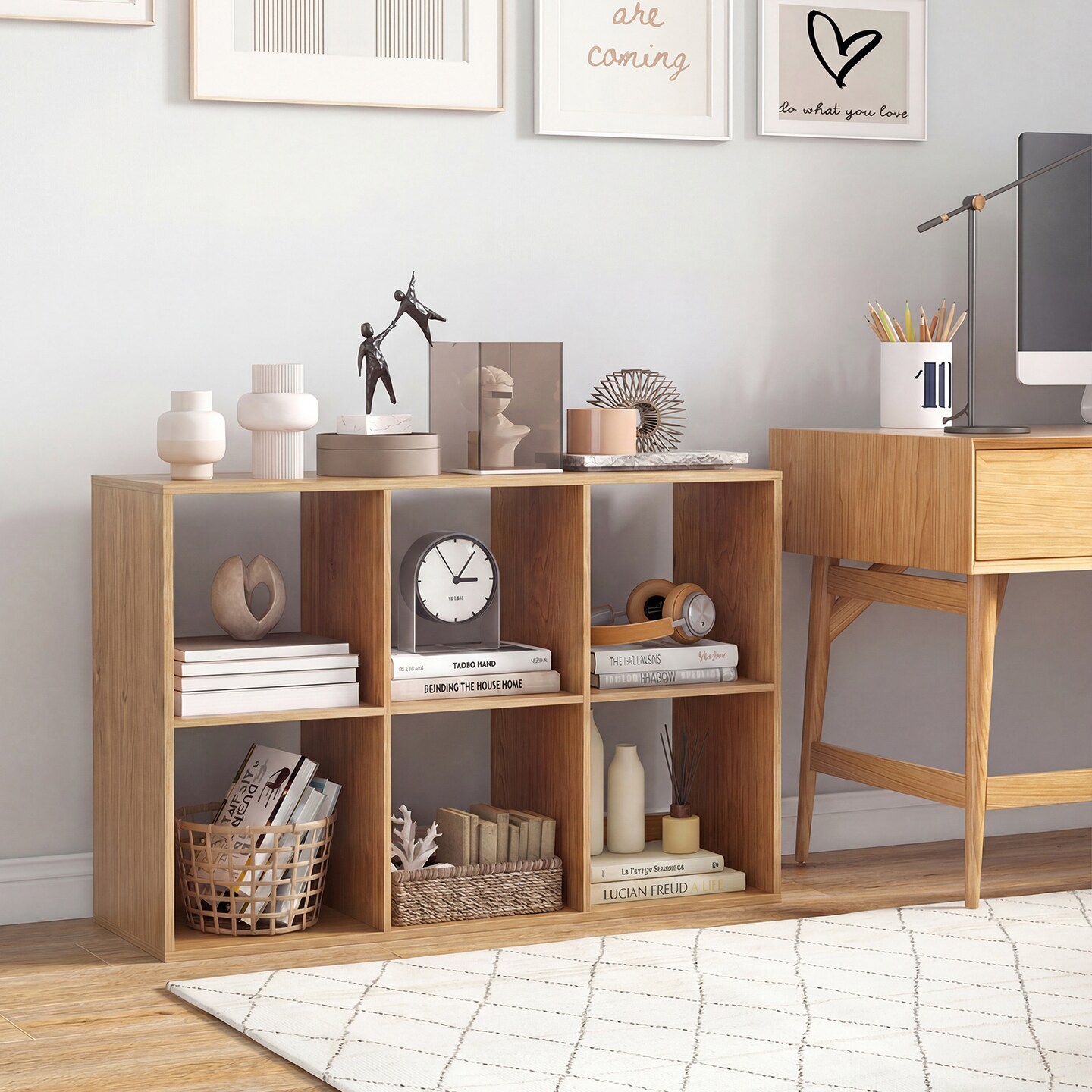 Freestanding Cube Storage Shelf Organizer Engineered Wood Bookcase with Open Compartments and Wide Tabletop for Home Office