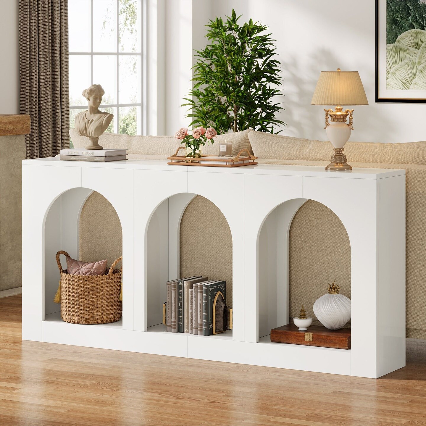 70.8" Arched Wood Sofa Table 3 Tier Entryway Console with Open Shelves