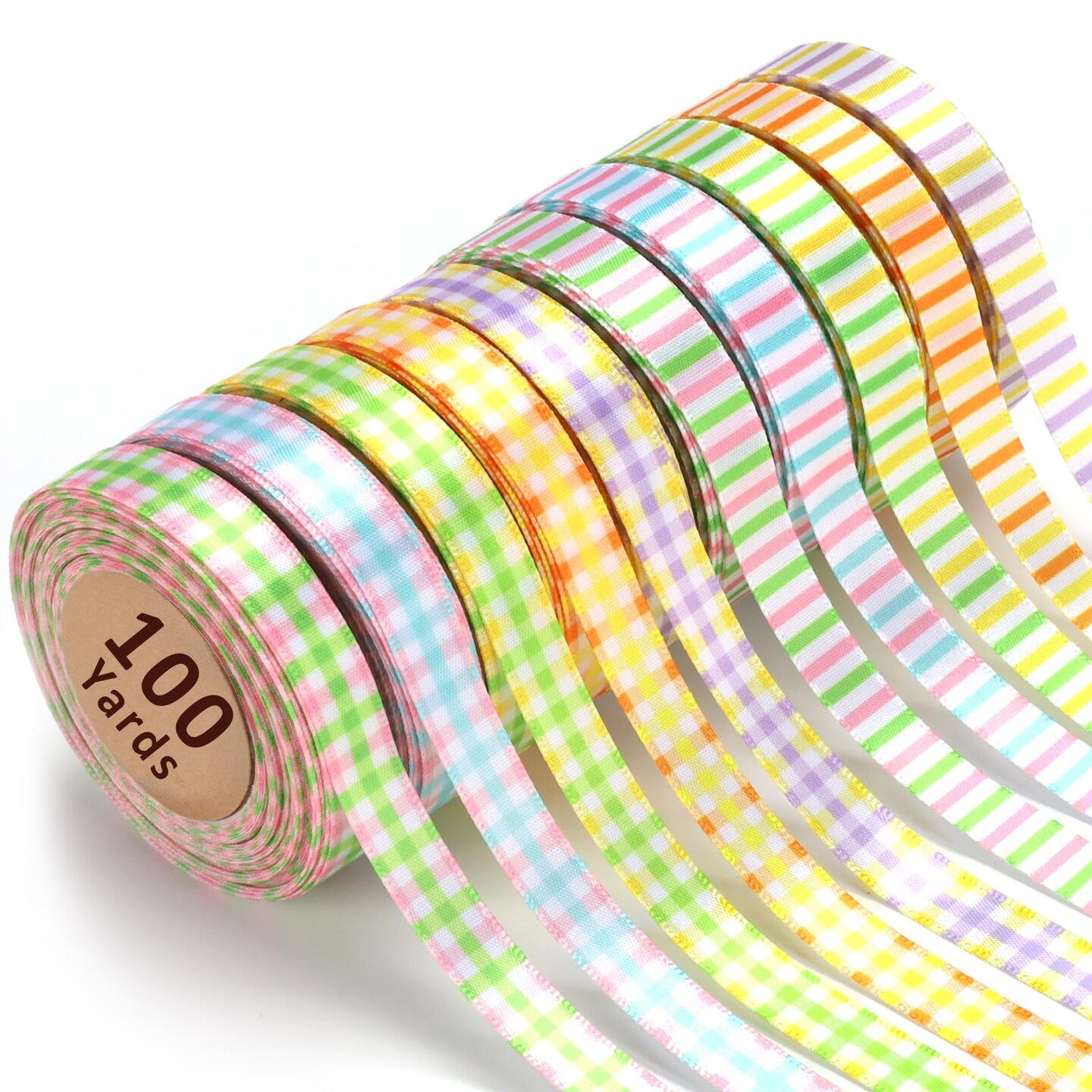 10 Color 100 Yards Striped and Plaid Satin Ribbon Variety Pack, 3/8" X 10 Yards/Roll Assorted Spring Easter Ribbons for Crafts, Gift Wrapping, Hair Bows