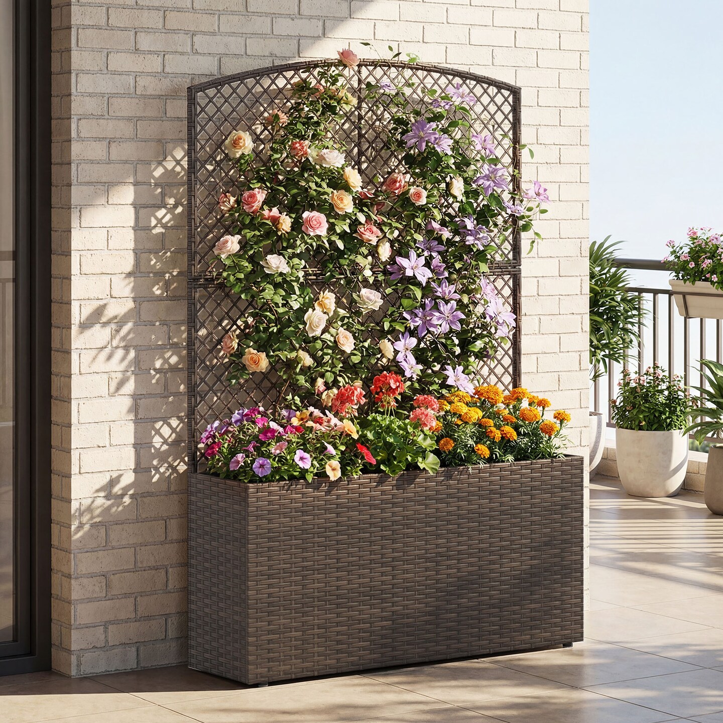58” Raised Planter Box with Trellis Outdoor Wicker Garden Bed