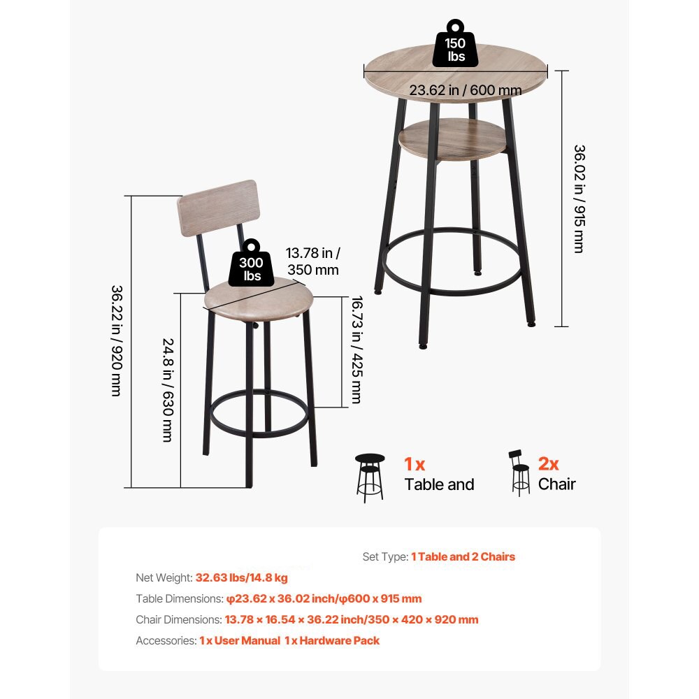 Light Gray 3-Piece Bar Table Set with Rounded Corner Design and Stools