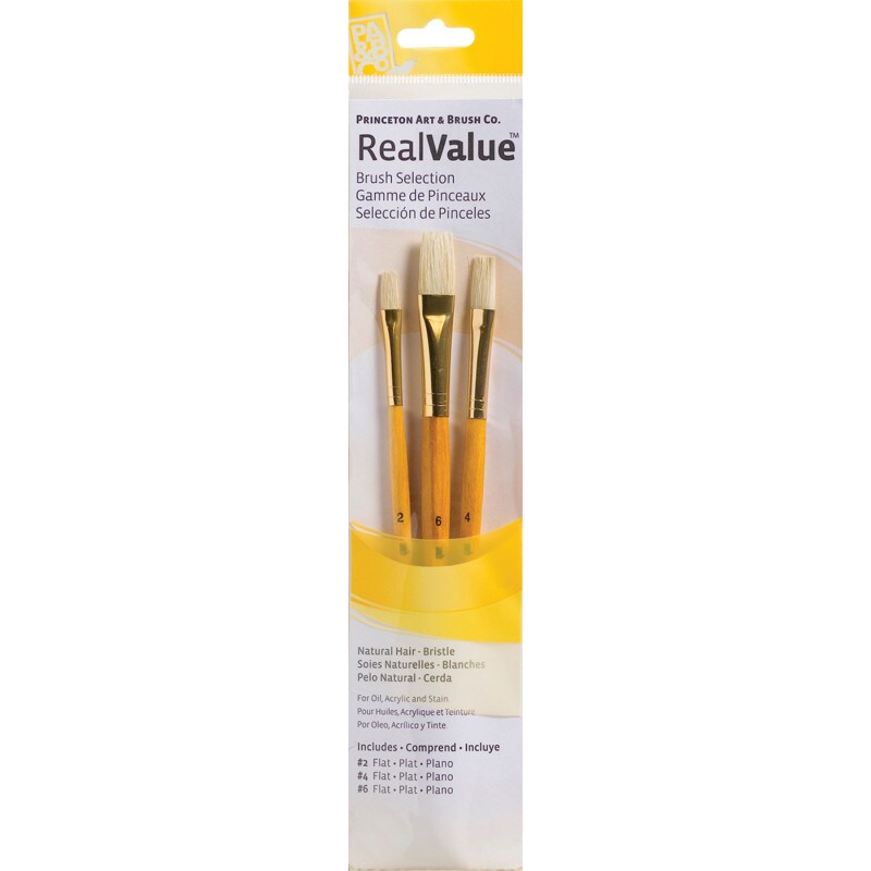 RealValue Brush Set, Natural Bristles, Short Handle Mixed Media Paintbrush, Yellow, 3 Pieces
