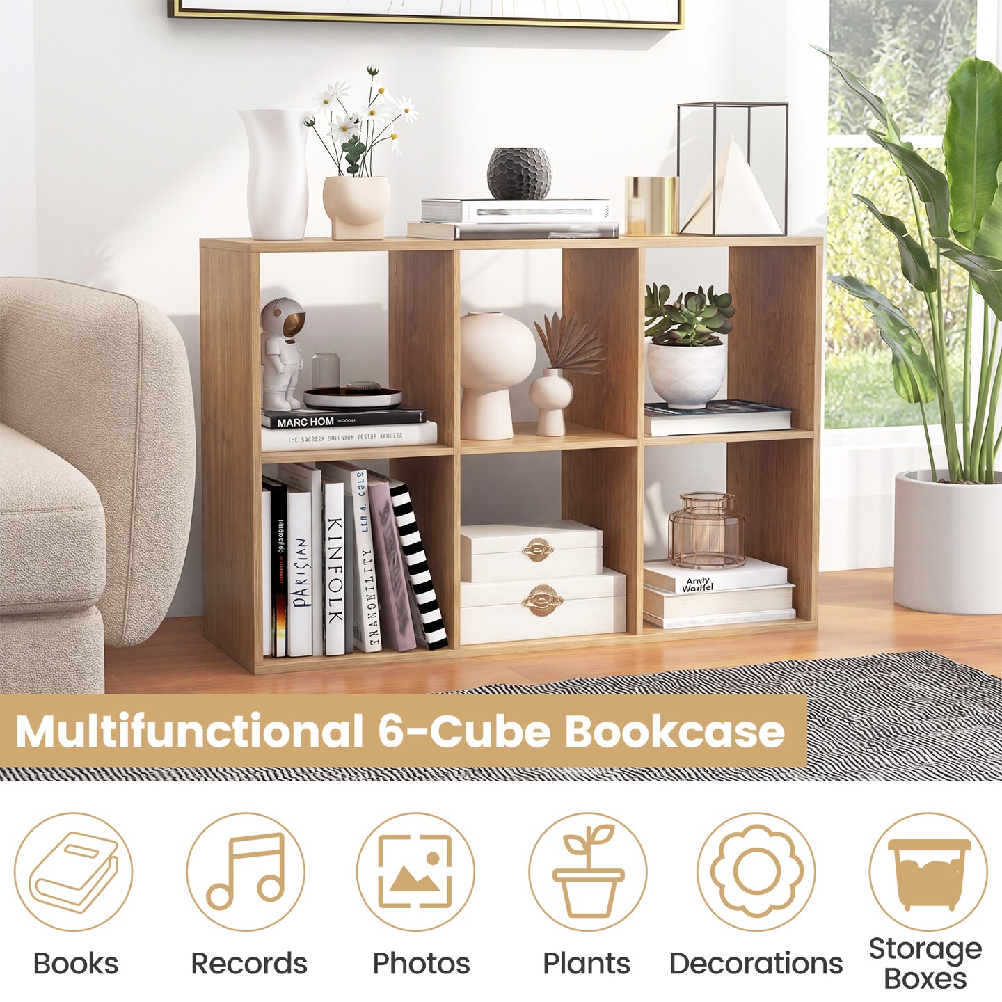 Freestanding Cube Storage Shelf Organizer Engineered Wood Bookcase with Open Compartments and Wide Tabletop for Home Office