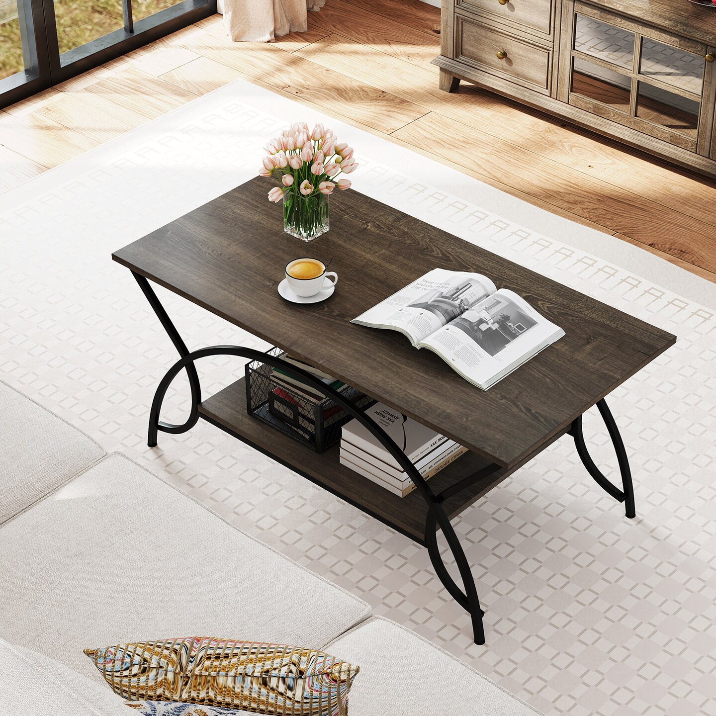 Modern Coffee Table with Faux Marble Top 2 Tier Storage Engineered Wood