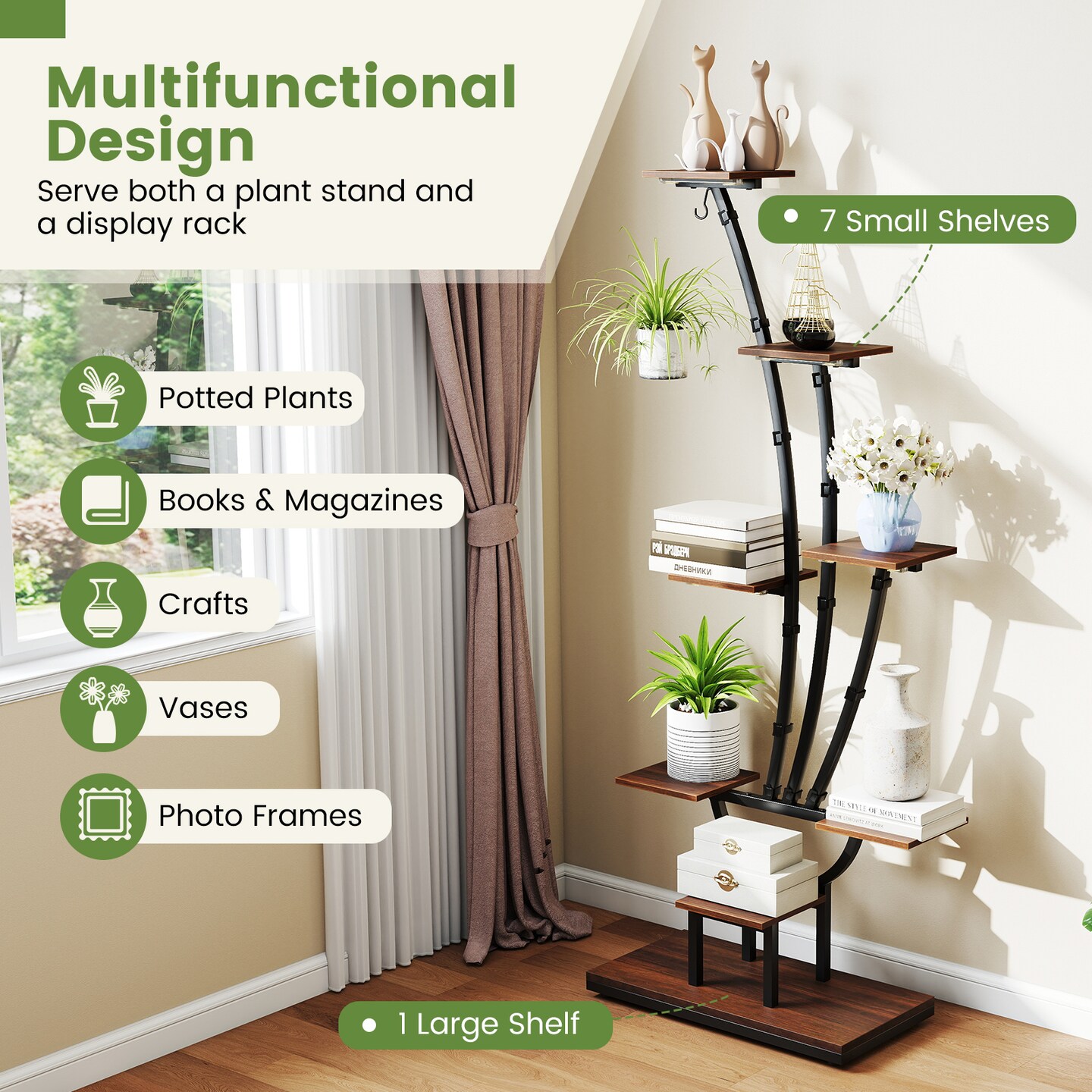 Brown - Black Corner Plant Stand with Built-in Grow Lights, Metal Frame