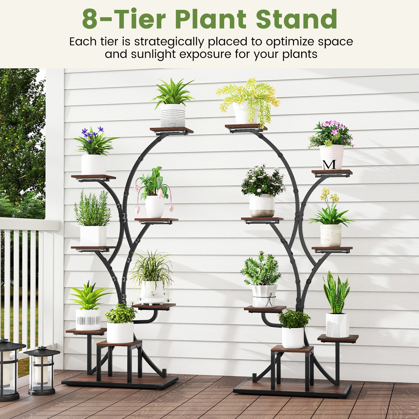 Brown - Black Corner Plant Stand with Grow Lights Tall Metal Rack