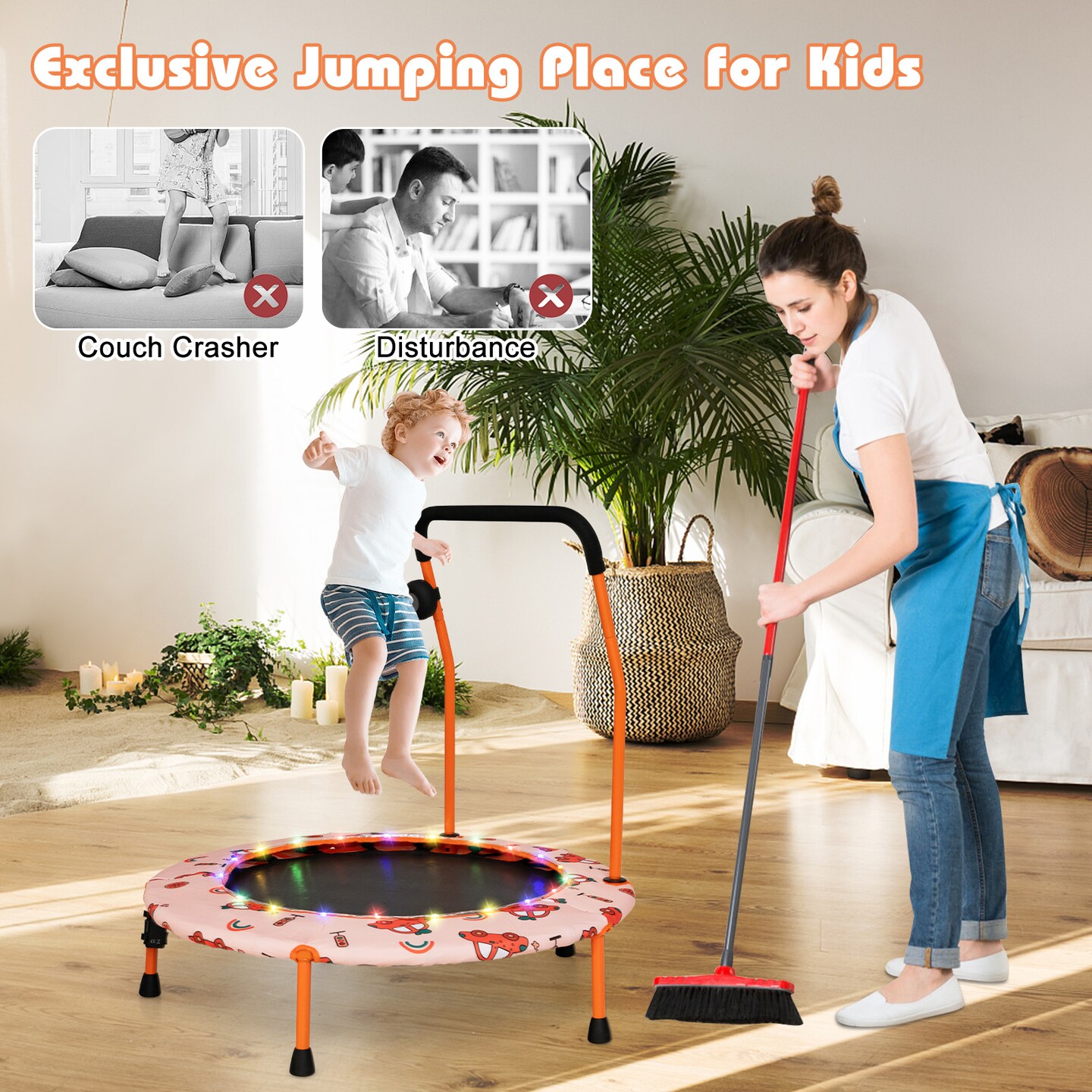 Kids Mini Trampoline with Music Lights Bluetooth Speaker Indoor Toddler Jumping Trampoline