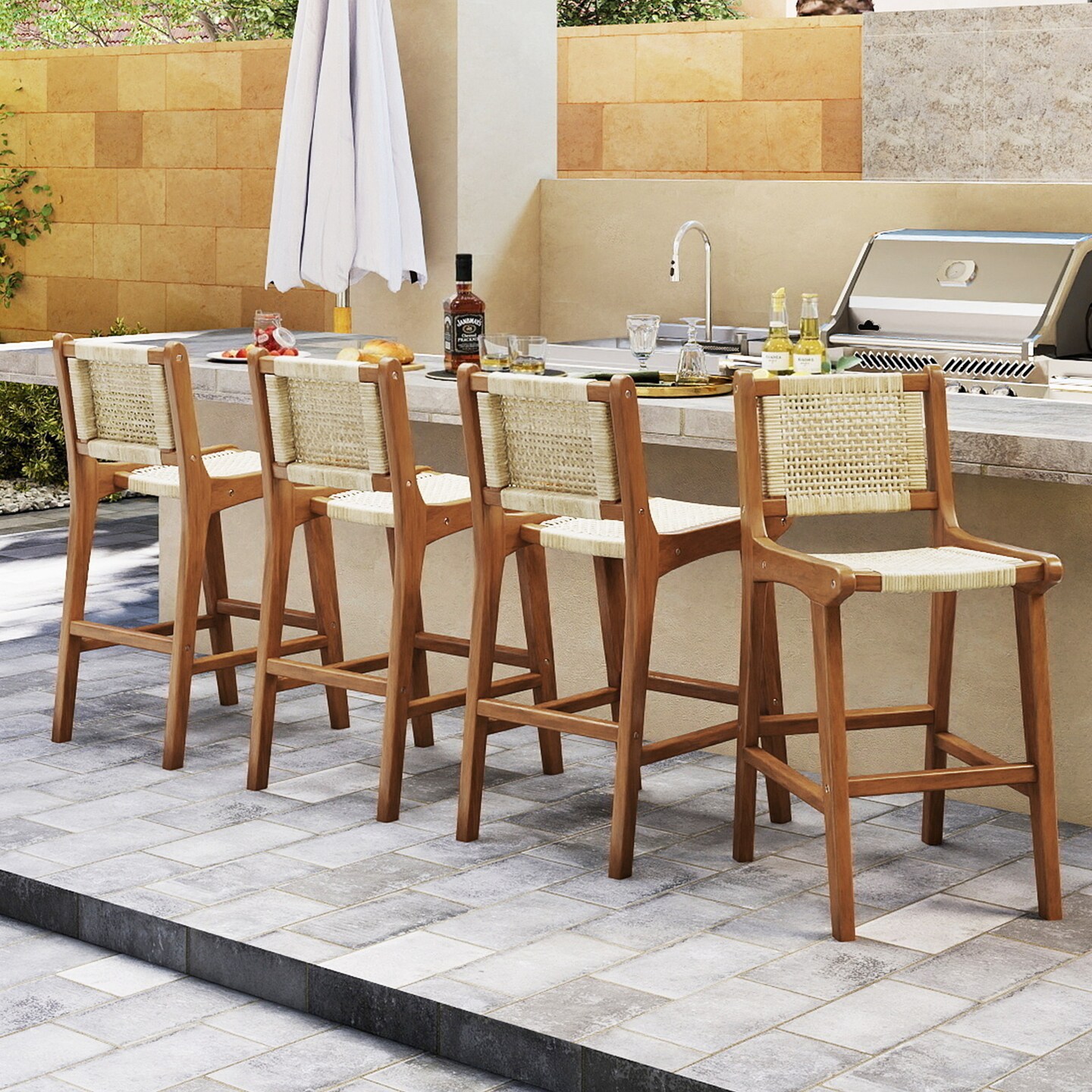 Natural Teak Wood Rattan Bar Stool with Footrest Outdoor Seating