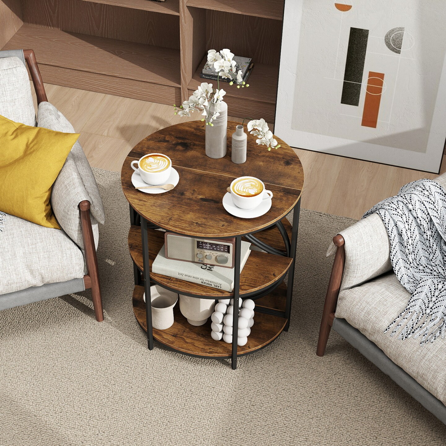 3-Tier Semi-Circular Side Table Metal MDF Narrow Accent Table