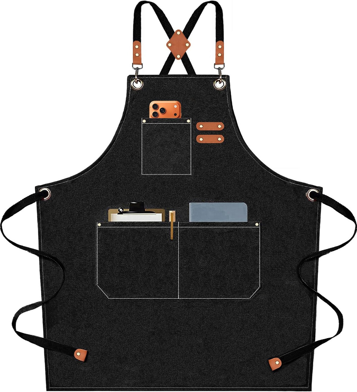 Chef Aprons for Men Women with Oversized Pockets, 16-Ounce Cotton Canvas Cross Back Heavy Duty Work Apron (Black)