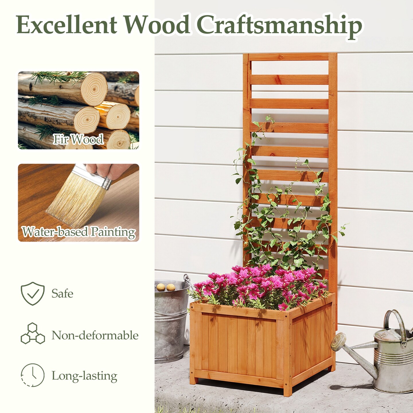 48" Wooden Raised Garden Planter Box with Trellis and Drainage
