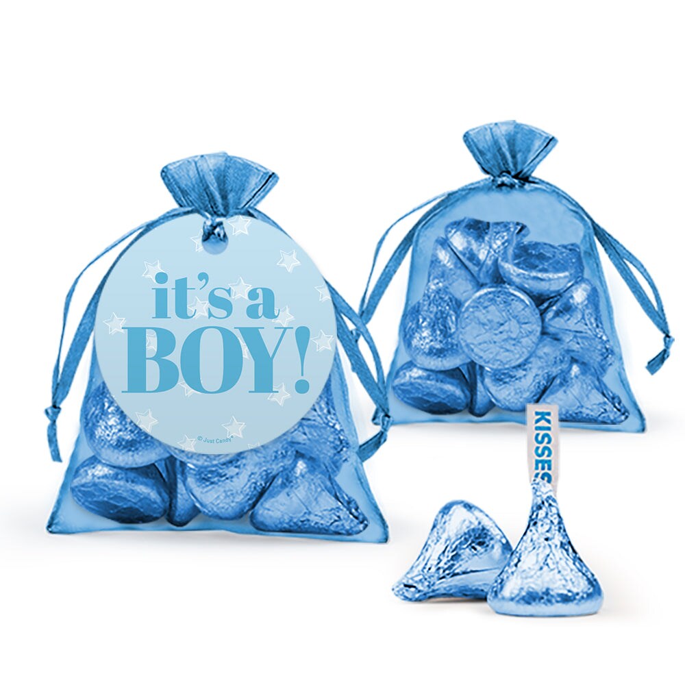 12ct It's a Boy Candy Baby Shower Party Favors Organza Bags with Milk Chocolate Kisses (12 Pack)