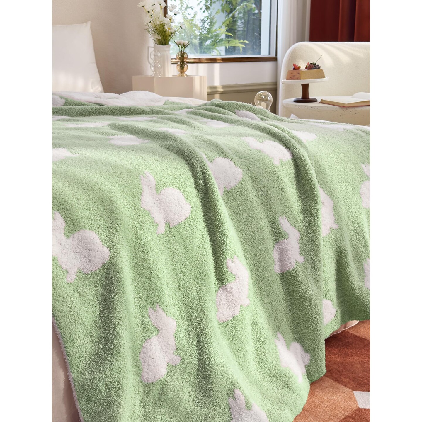 Ultra Soft Cozy Happy Easter Rabbits Spring Knitted Throw Blanket Fluffy Microfiber Checkerboard Bed Blanket Lightweight Both Sides Blanket for Couch Sofa Bed… (Rabbit Green, Throw 50“x60”)