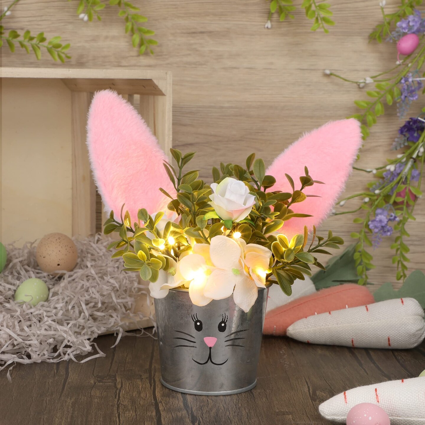 Easter Table Decorations Artificial Flower with Bunny Ear, Lighted Desk Decor Bunny Flowers, Easter Tabletop Decorations for Home Table Mantle Office Spring Party