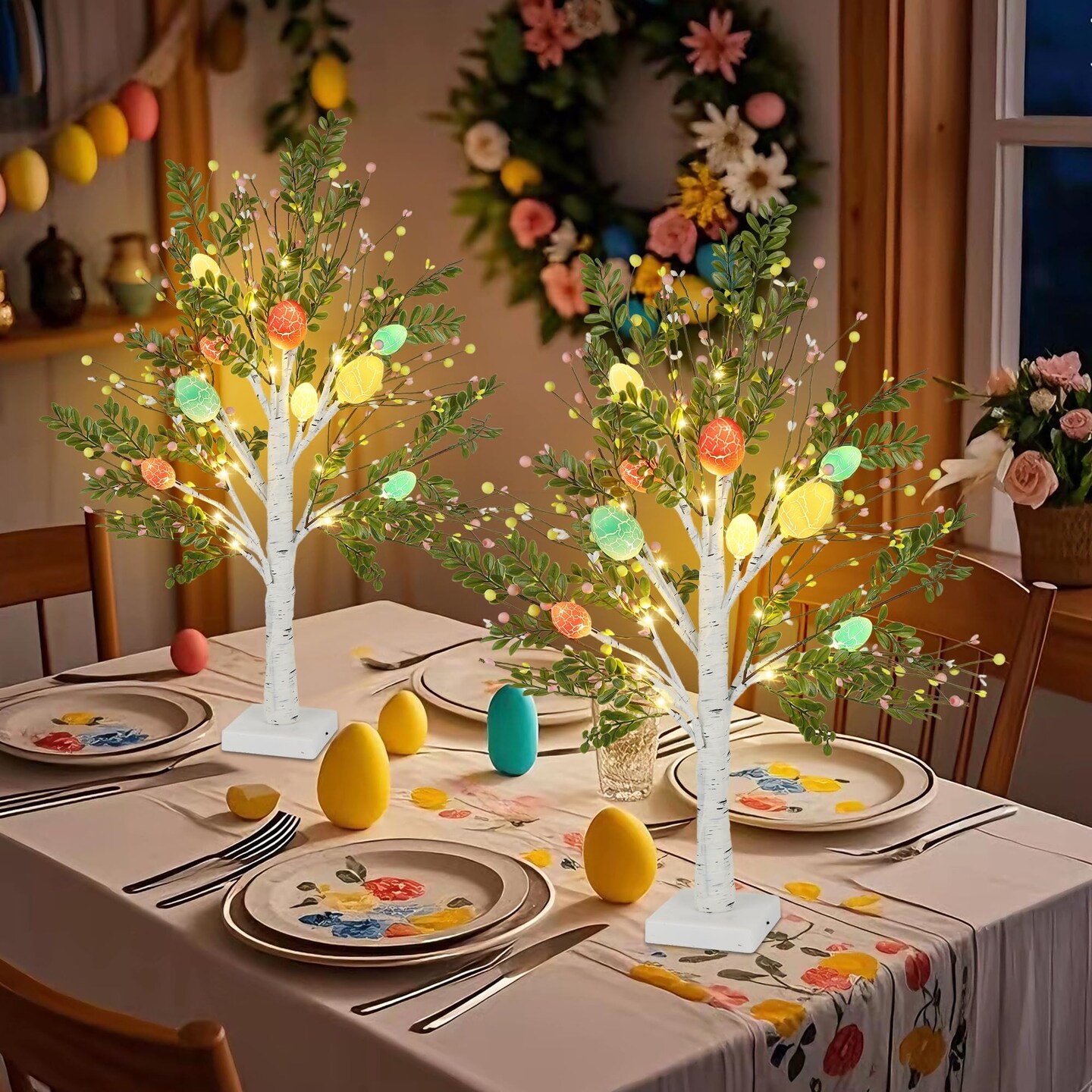 27 Inch Easter Decorations for Home – 2 Pack Lighted Easter Trees, Light Up Birch Trees with Easter Egg, Tabletop Spring Decor for Mantel Indoor Office