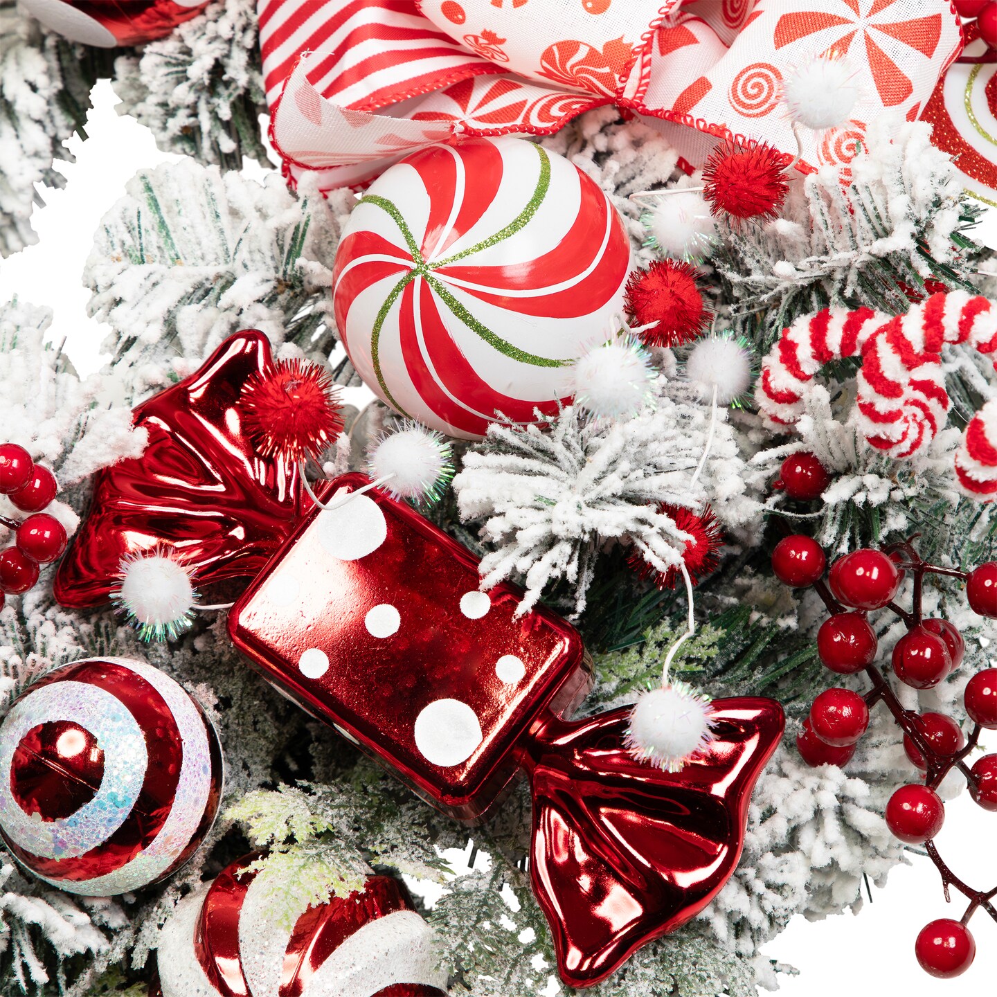 Northlight Heavily Flocked Pine with Candy Cane Striped Ornaments Christmas Wreath - 28&#x22; - Unlit