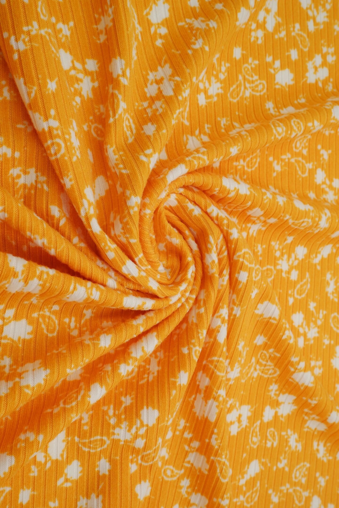 1 Yard Yellow Mango Ditsy Paisley Floral Yummy Rib Knit Fabric 4x2 Soft Stretch 58/60&#x22; Wide