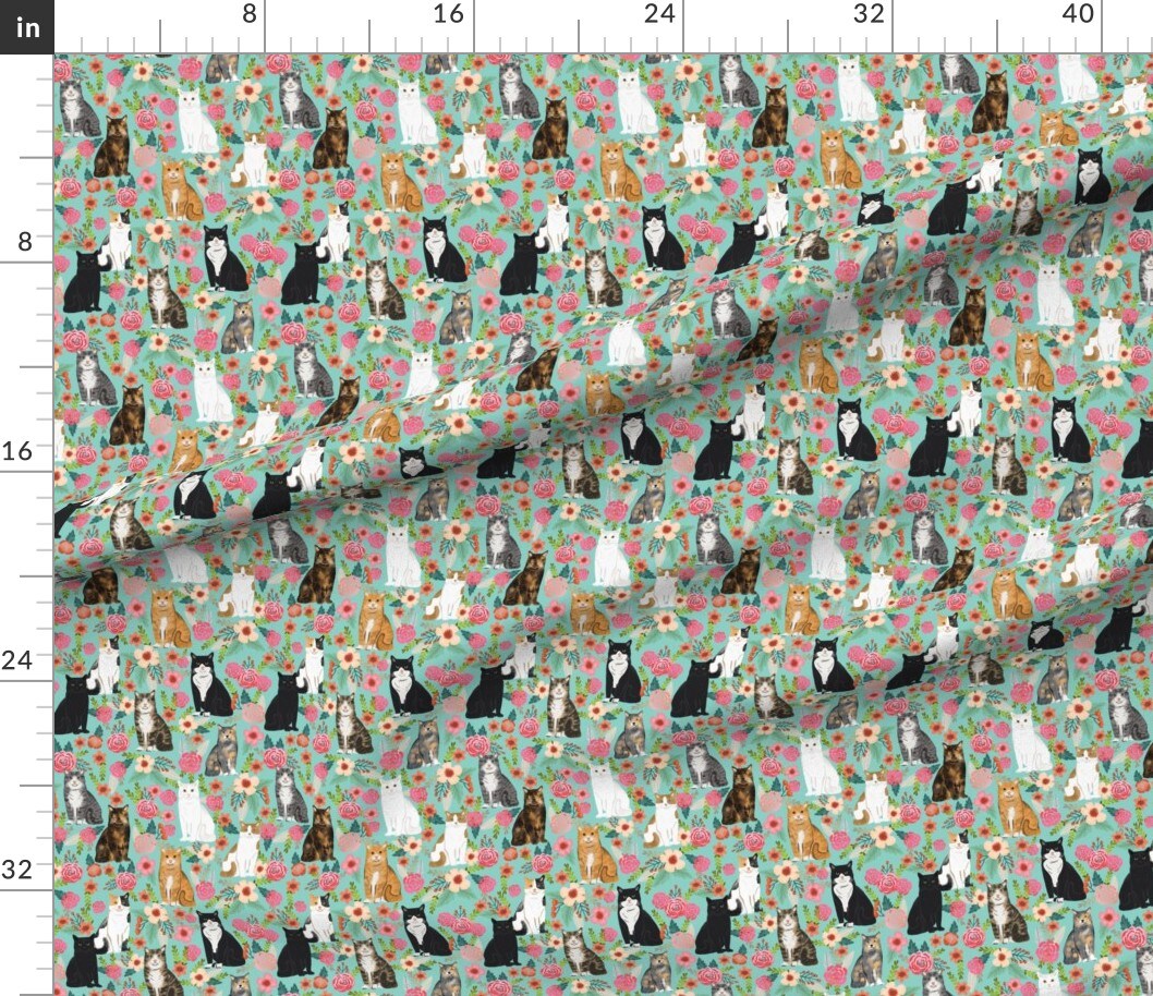 Cat Lady Florals Feiine Breeds Pet Kitten Mint Green Cats Lover Flowers Custom Printed Fabric by Spoonflower Various Fabrics by the Yard or Fat Quarter 7098864
