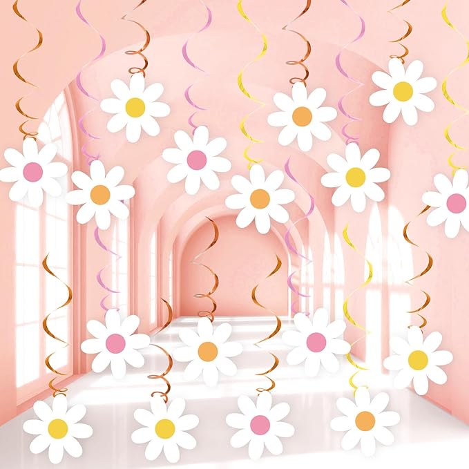 60pcs Daisy Flower Hanging Swirls White Daisy Garland Banners Foil Ceiling Hanging Decor Flower Cutouts Party Supplies for Boho Hippie Groovy Retro Birthday Baby Shower Spring Party Decorations Favor