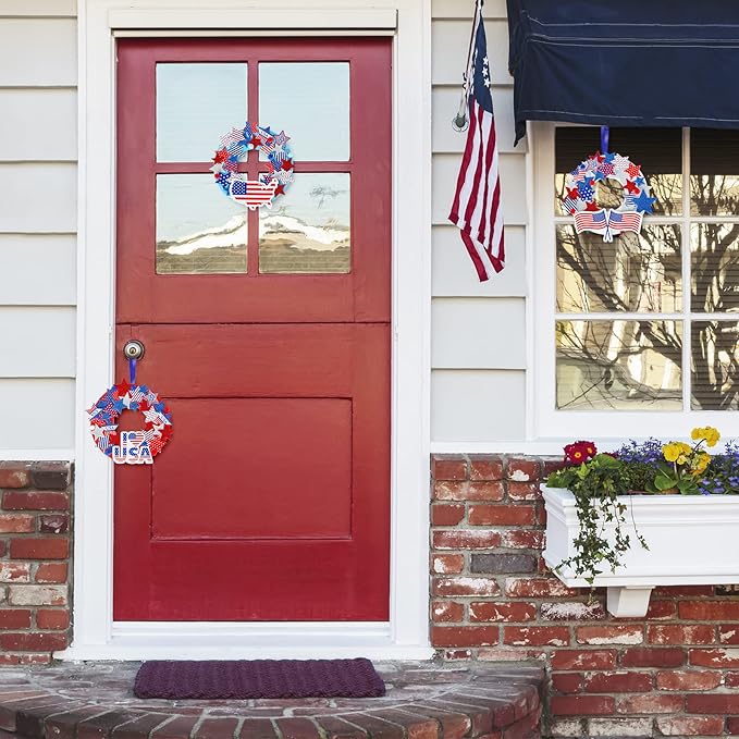 12PCS Patriotic Foam Wreath Crafts Kit, 4th of July DIY Wreath Set with American Flag Star Stickers, Glitter Stars, Pom Poms, Googly Eyes & Blue Ribbon for Independence Day Art Projects