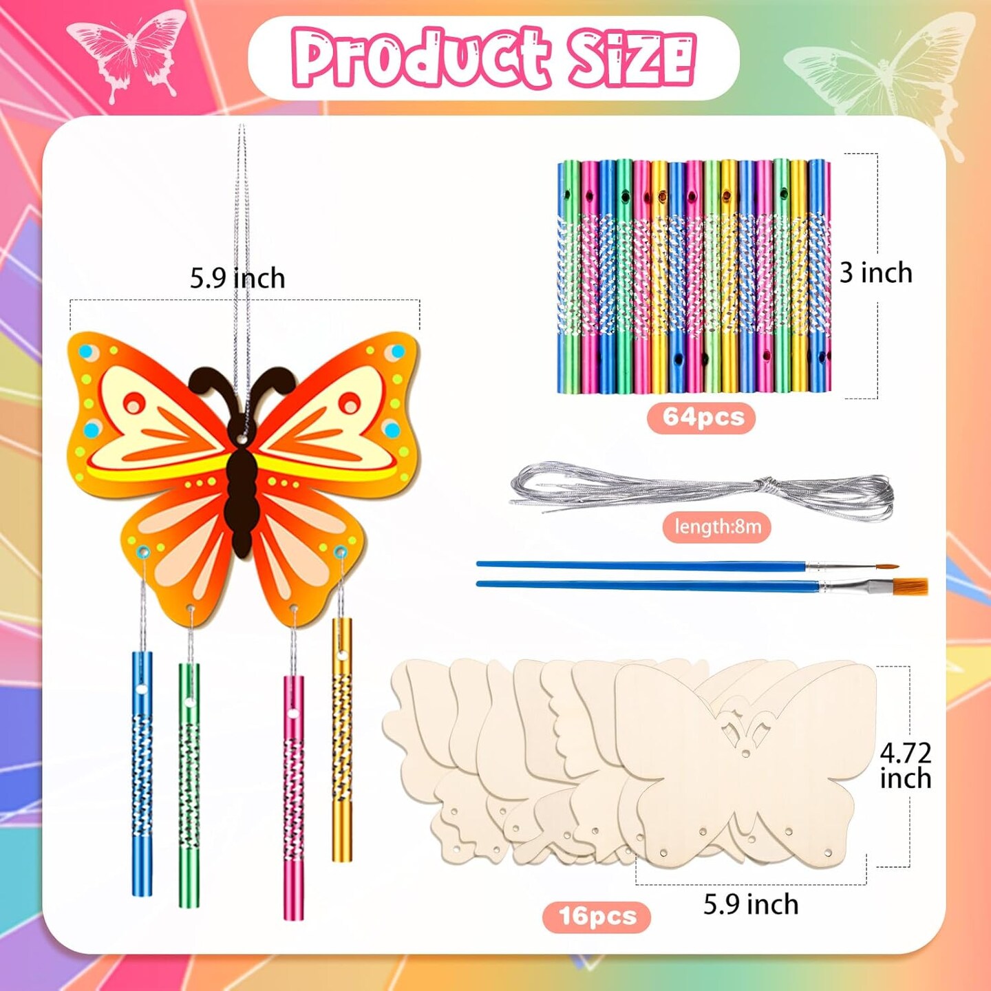 8Pcs Spring Butterfly Wind Chime Kit, Wooden Wind Chime Kits for Kids, Butterfly Party Favors for DIY Craft for Birthday and Summer