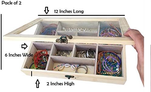 2 Pack Unfinished Wood Classic Box with Hinged Glass Lid for Arts, Crafts, Hobbies, Beads Jewelry and Much More | 14 Compartment Ready to Paint Decorate and Personalize