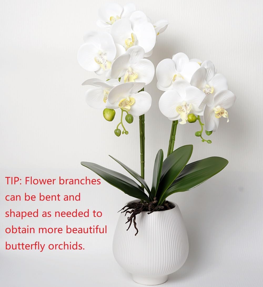 Artificial Orchids Flowers with Vase White Phalaenopsis Plant Silk Faux Orchids Fake Flowers Arrangements for Home Decoration Living Room Office Bedroom Bathroom Kitchen Dining Room
