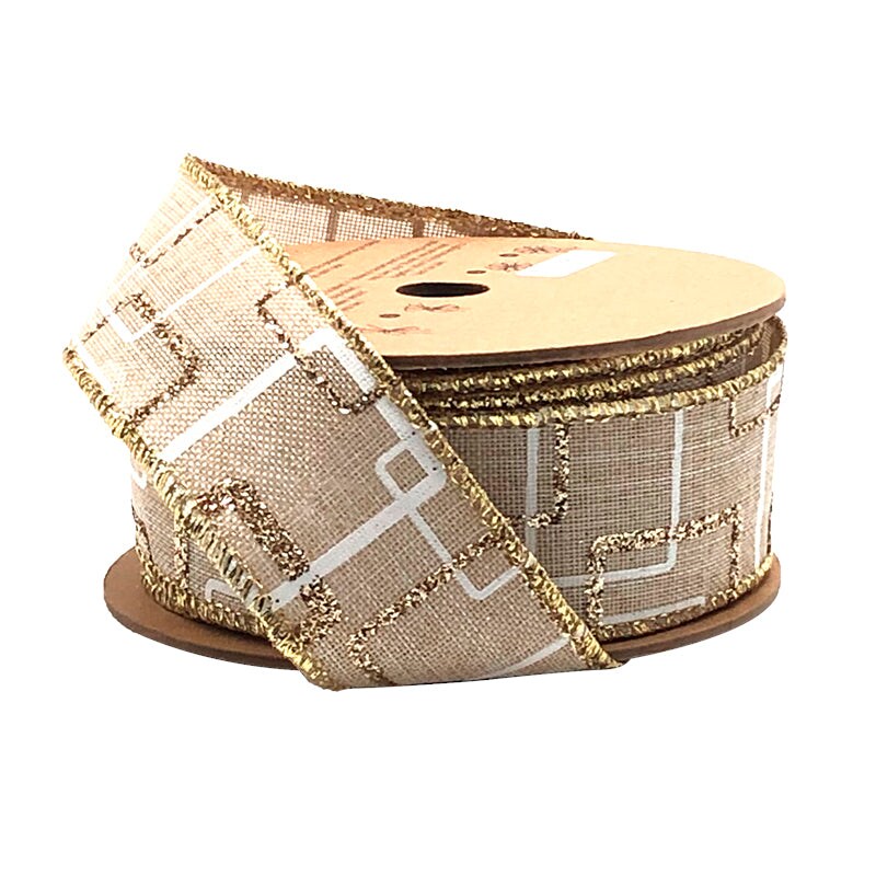 LaRibbons 1 1/2" Wired Ribbon | "Glitter Geometric" Natural/Gold/White | 10 Yard Roll
