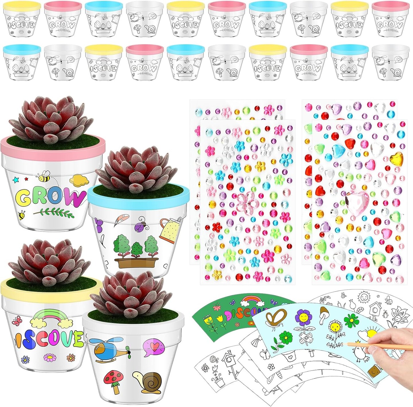 24 Pcs Spring Crafts for Kid Spring DIY Flower Pots with 24 Drawing Inserts and 4 Sheets Rhinestone Sticker