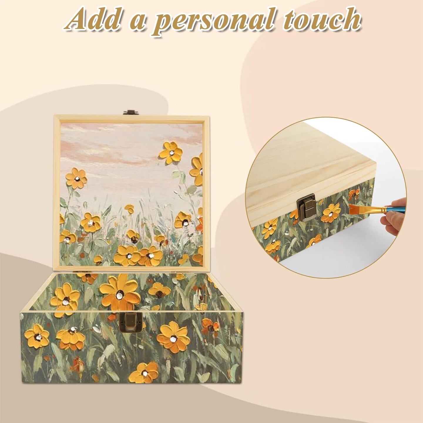 2Pcs Large Wooden Box, 12.6&#x22; x 8&#x22; x 3.1&#x22; Unfinished Wooden Box with Hinged Lid, Reusable Wood Boxes for Crafts,Gift, Home Storage, DIY Keepsake Box