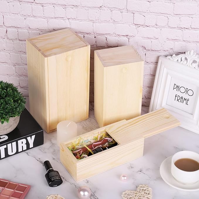 3 Pack Unfinished Wooden Box with Slide Lid, Blank Pine Wood Box Case Container Wood Jewelry Box for Storage