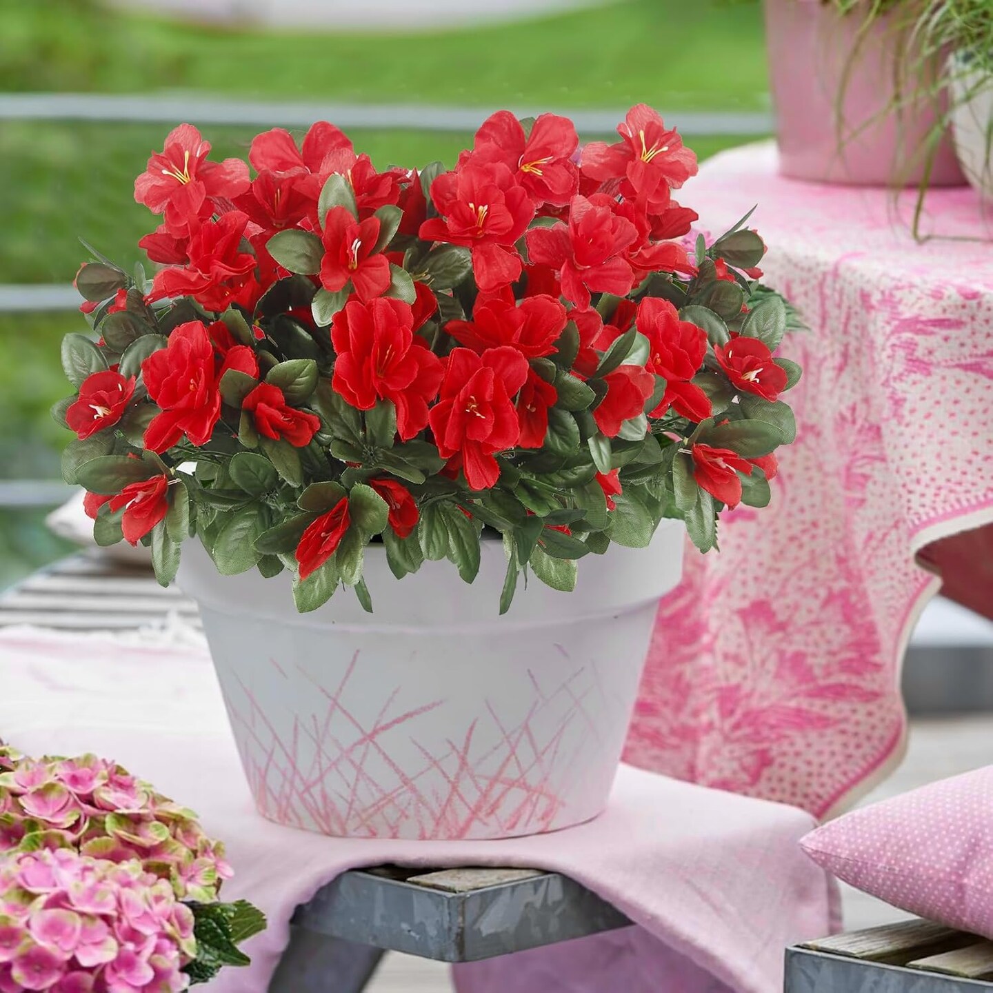 2 Pcs Artificial Flowers for Outdoors Silk Flower Spring Faux Silk Purple Camellia UV Resistant Artificial Azalea Outside Flowers Plants for Planter Front Door Porch Patio Table Indoor Decor