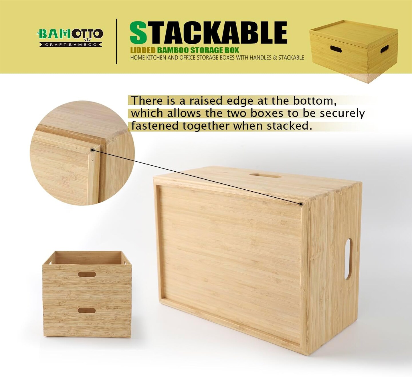 Lidded Bamboo Storage Bins &#x26; Box/Cube/Basket, Home Kitchen and Office Storage Boxes with Handles &#x26; Stackable for Organizer Tableware, Clothing, Toys, Office Shelf Books, 14.6&#x201D;x10.2&#x201D;x6.5&#x201D;