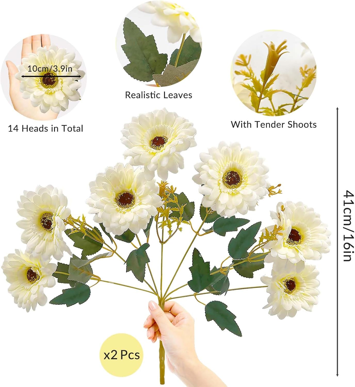 14 Summer Heads Artificial Gerbera Daisies For Tabletop Decor, 2 Bouquets Silk Daisy Flowers Artificial with Leaves &#x26; Seedling Shoots, Artificial Wild Flowers for Wedding, Party, Home Indoor Outdoor Decor