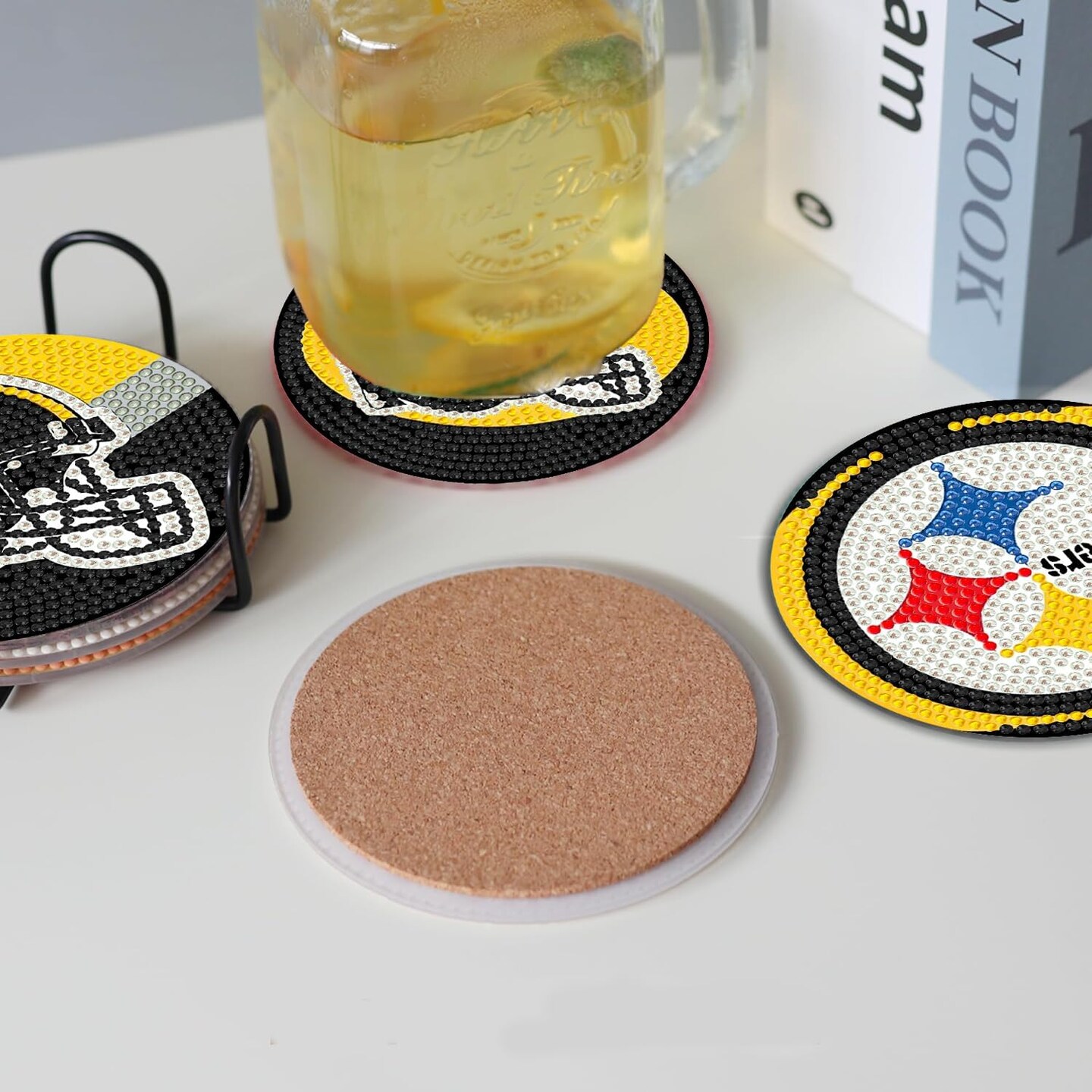 8 Pcs Football Diamond Art Painting Coasters Kits with Holder DIY Diamond Art Coasters for Adults Beginners Craft Supplies
