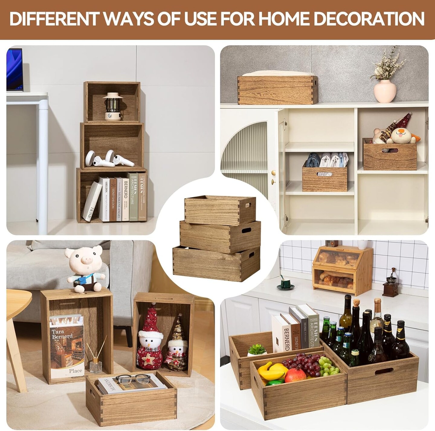 Nesting Wooden Crates with Portable Handles for Home Organizer - Wood Rustic Decor Farmhouse Boxes / Basket Rolling Trays set of 3 Dark Brown