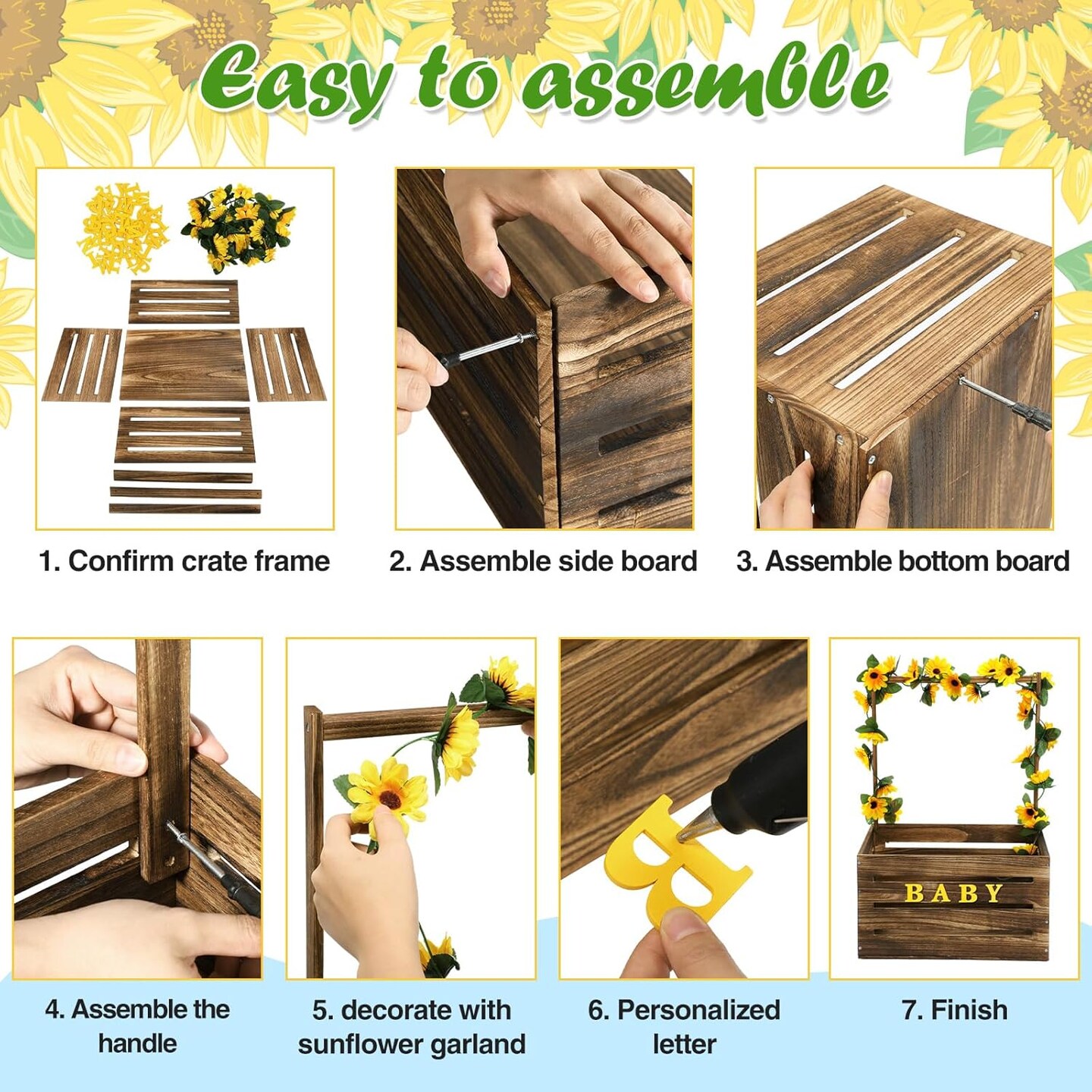 Wooden Baby Shower Crate Closet, Sunflower Theme Baby Basket with Handle and Garland Letter, Baby Storage Crate Hamper, Personailze Baby Shower Wooden Gift Crate for Pregnancy New Parent