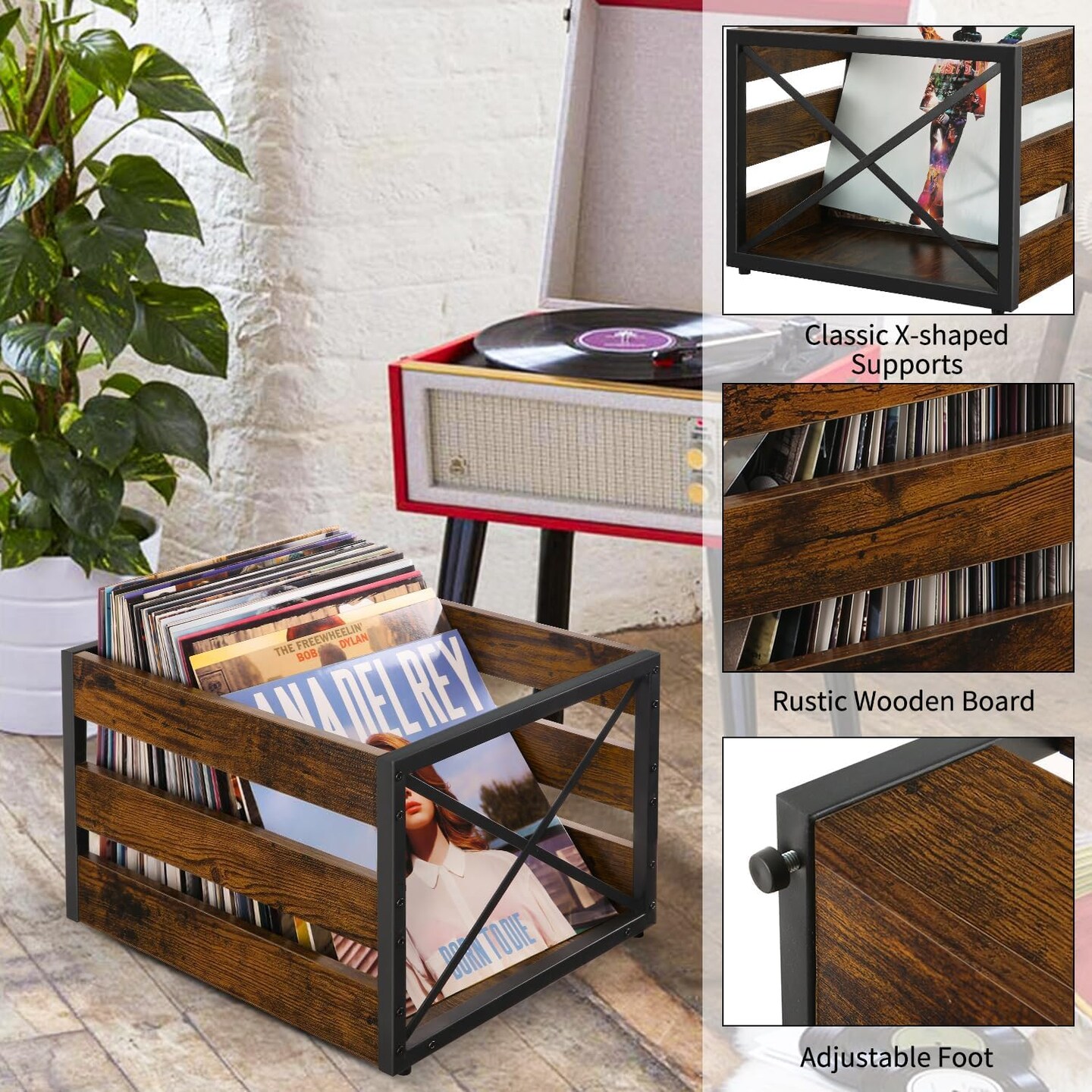 Vinyl Record Storage, Large LP Vinyl Record Storage Crate, Metal & Wooden Vinyl Record Album Holder, Cube Record Organizer Box, Holds up to 80+ Records