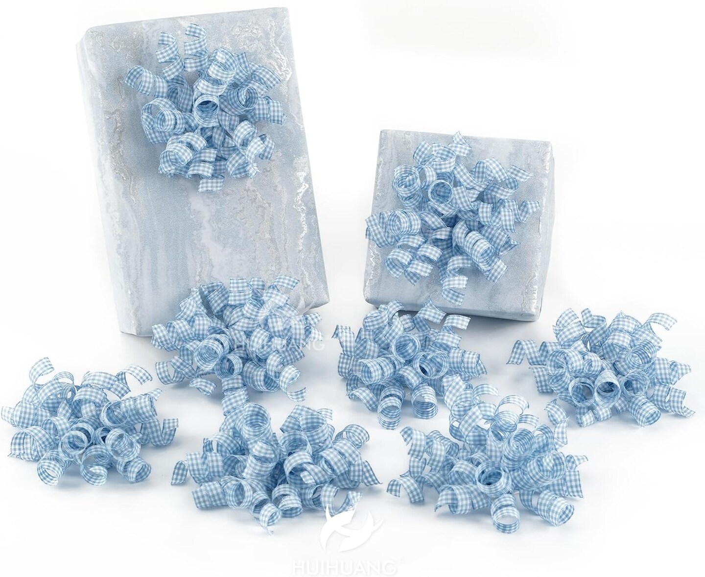 Blue Bows for Gift Wrapping Dusty Blue Plaid Ribbon Bow Self Adhesive Curly Gift Bows for Presents, Treat Bags, Bridal Shower Favors, Wrapping Accessories -5 inch x 8 Counts