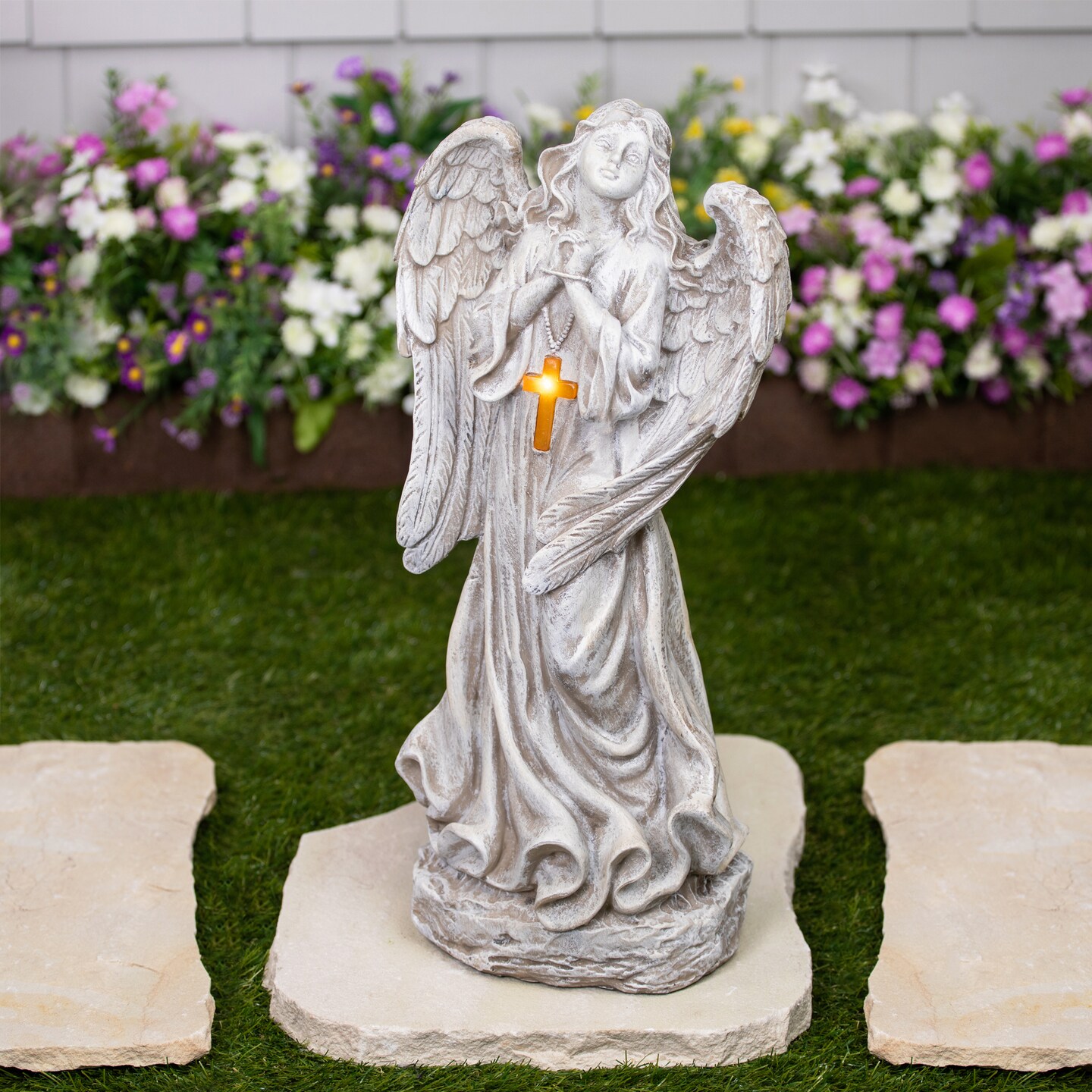 Northlight LED Solar Lighted Angel with Cross Garden Statue - 19"