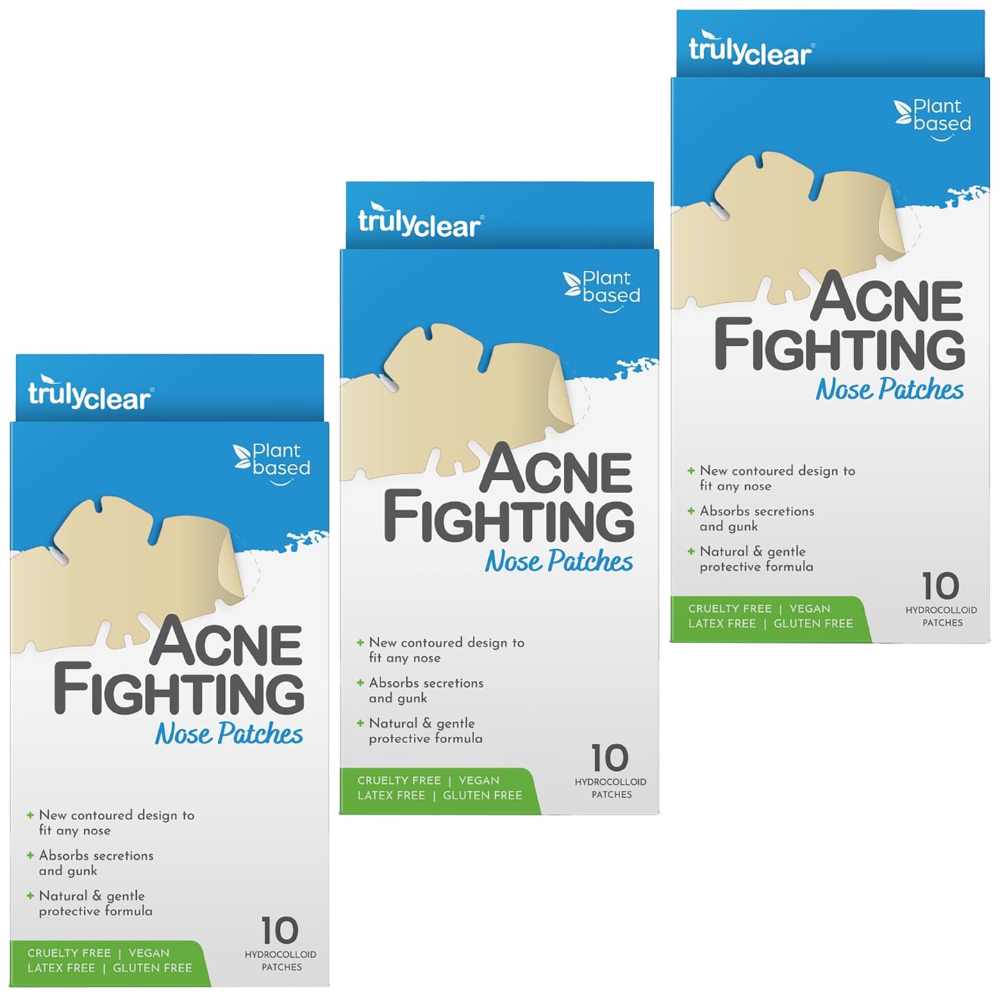 Truly Clear: Hydrocolloid Acne Fighting Nose Patches - 3 Packs (10ct ea) - Zit & Blemish Covers, Contoured, Vegan Skincare, Overnight Spot Treatment