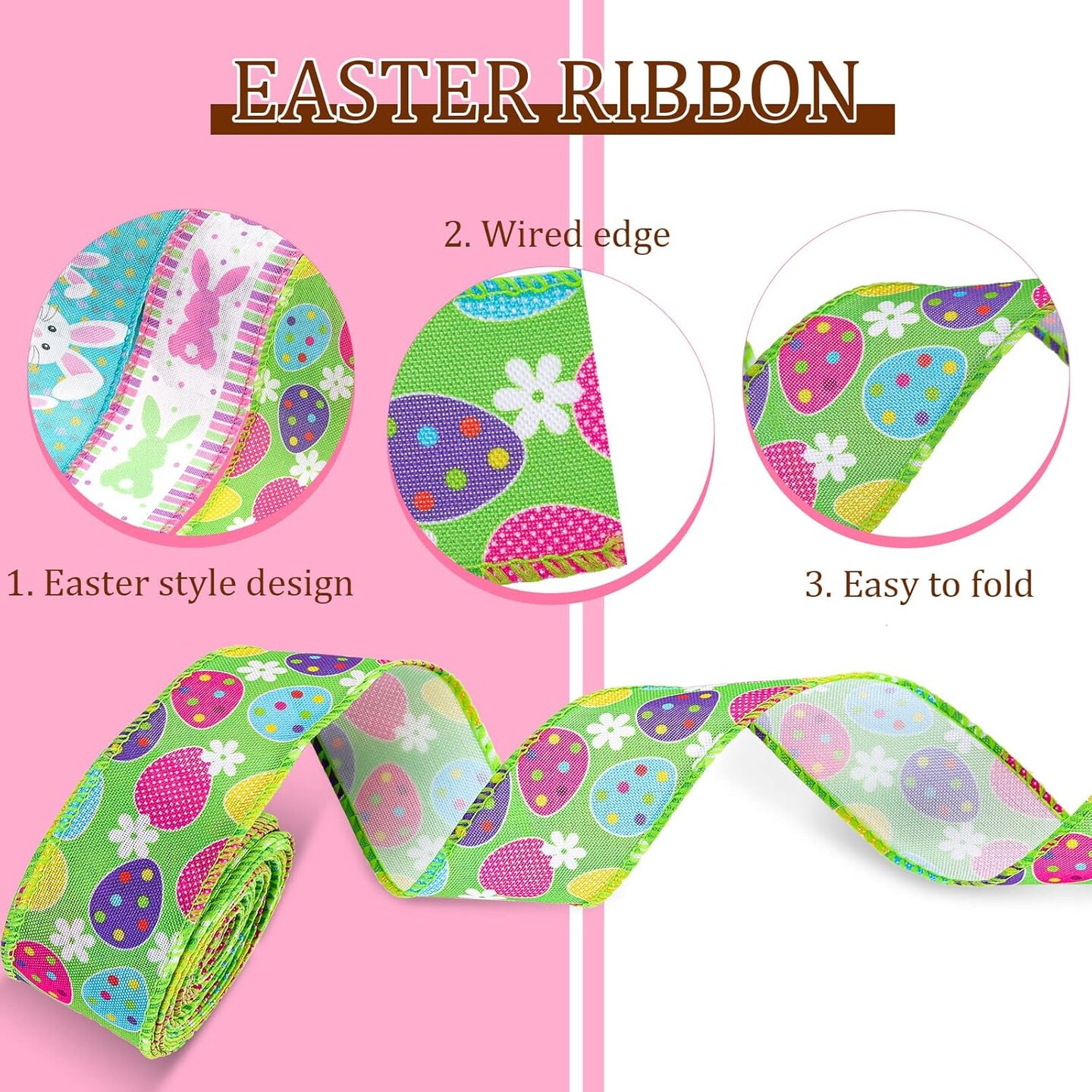 Easter Decorative Wired Ribbons 3 Rolls 20 Yards Bunny Egg Wired Edge Polyester Ribbon DIY Assorted Fabric Ribbons for Wreaths, Present Wrapping, Bow Decoration