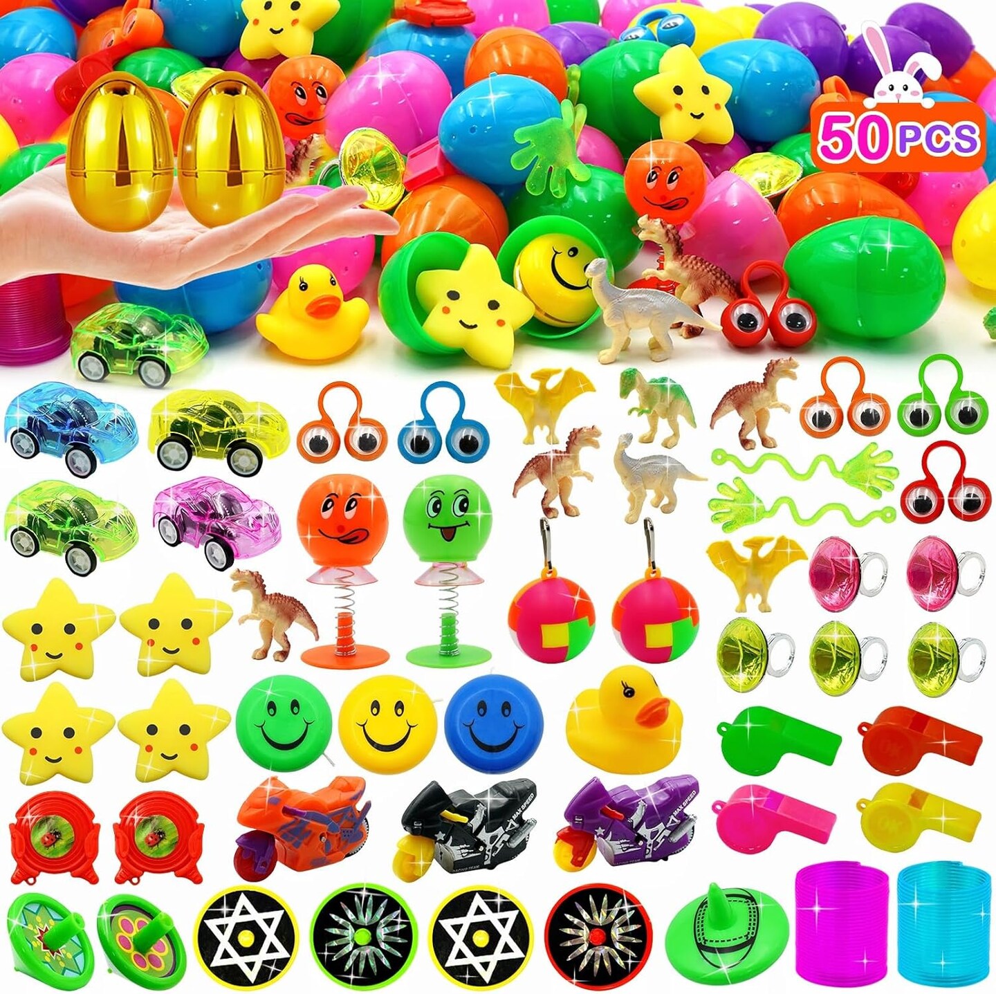 50 Pack Prefilled Easter Eggs with Assorted Toys, Easter Basket Stuffers for Kid Toddler Teens Boys Girls Easter Egg Hunt Filling Treats Easter Basket Stuffers