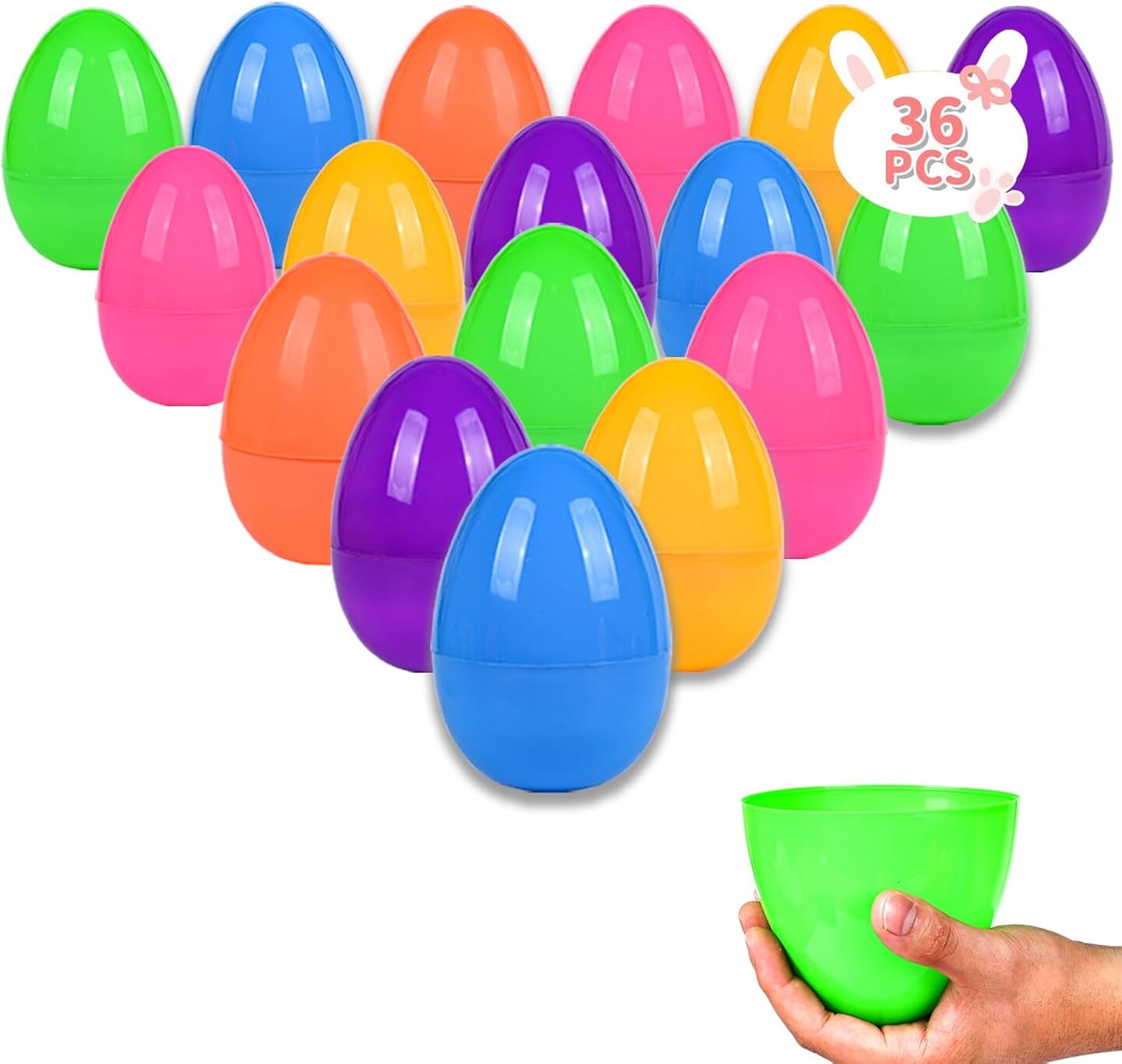 36PCS Large Plastic Easter Eggs, 3.5" Empty Plastic Easter Egg with Assorted Bright Colors for Easter Eggs Hunt, Easter Basket Stuffers