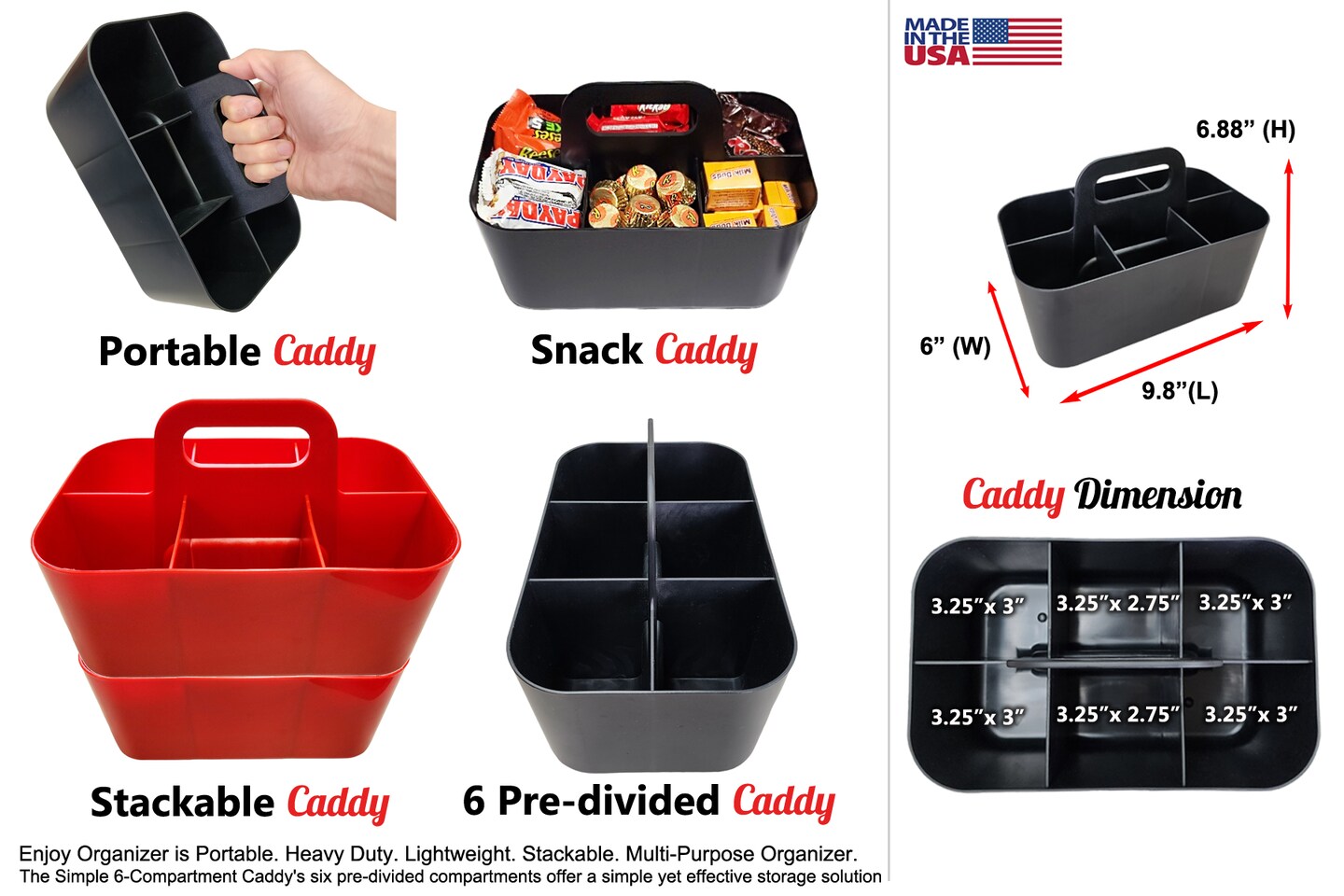 Enjoy Organizer 4 Pack Small Stackable and Portable Simple 6-Compartment Caddy - Made In USA